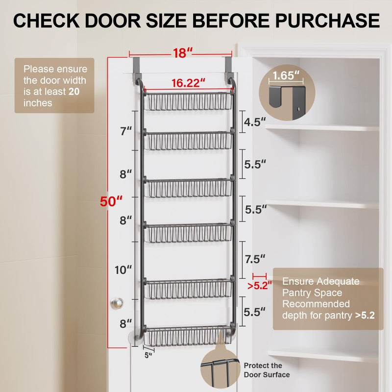 Delamu Over the Door Pantry Organizer, 6-Tier Metal Pantry Door Organization and Storage, Hanging Kitchen Basket Spice Rack Seasoning Shelves, Cabinet Door Organizer for Easy Install,D5xW18xH50inch - Image 2