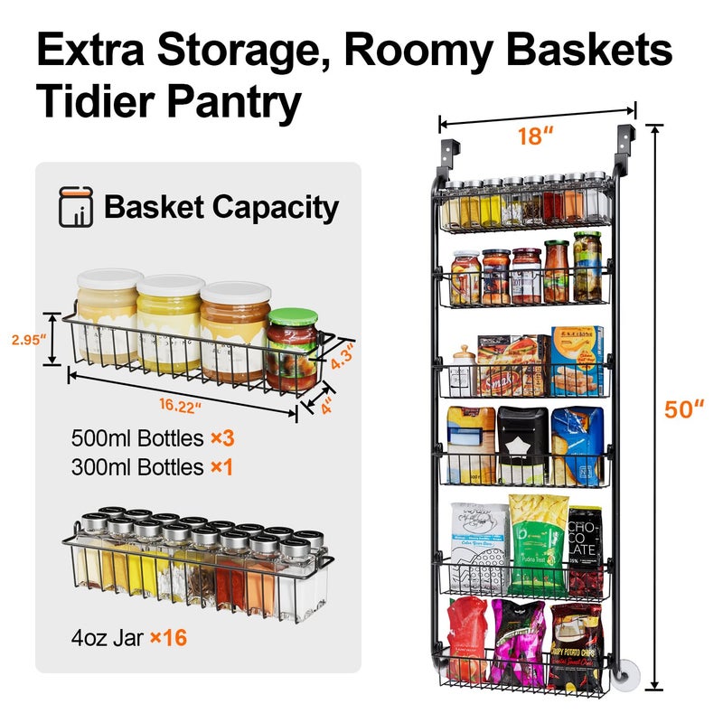 Delamu Over the Door Pantry Organizer, 6-Tier Metal Pantry Door Organization and Storage, Hanging Kitchen Basket Spice Rack Seasoning Shelves, Cabinet Door Organizer for Easy Install,D5xW18xH50inch - Image 3