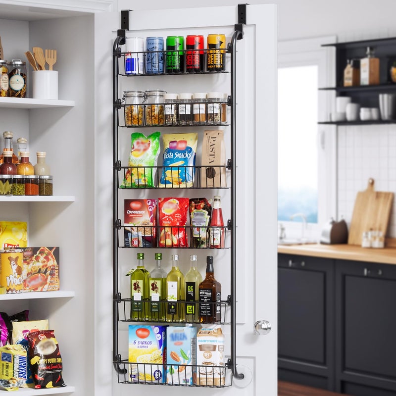 Delamu Over the Door Pantry Organizer, 6-Tier Metal Pantry Door Organization and Storage, Hanging Kitchen Basket Spice Rack Seasoning Shelves, Cabinet Door Organizer for Easy Install,D5xW18xH50inch - Image 1