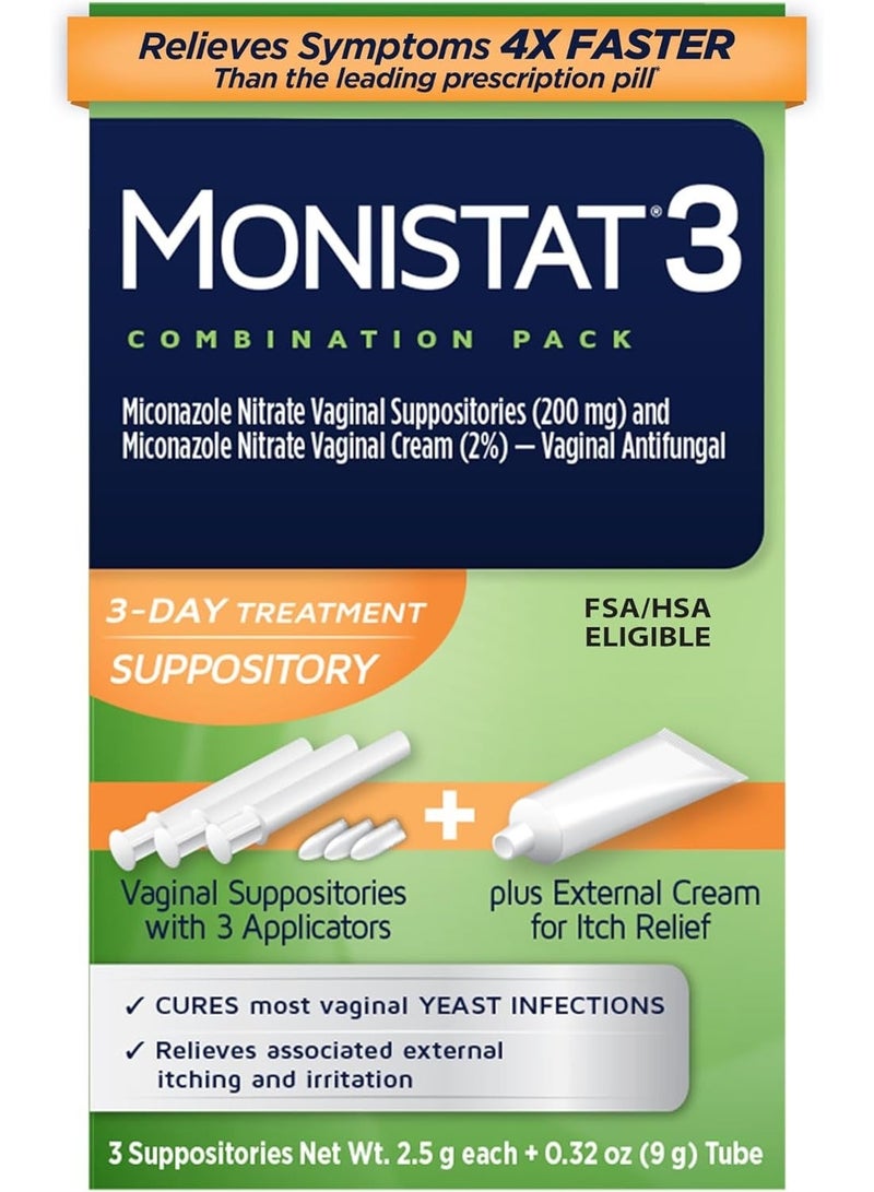 Monistat  3-Day Treatment Combination, 3 Suppositories x. 2.5 g + Itch Relief Cream Tube 9 g Packaging may vary - Image 1
