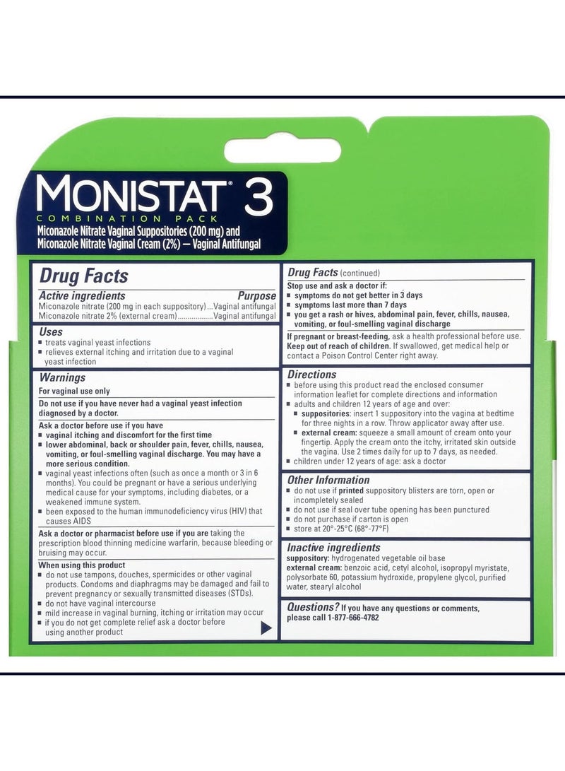 Monistat  3-Day Treatment Combination, 3 Suppositories x. 2.5 g + Itch Relief Cream Tube 9 g Packaging may vary - Image 3