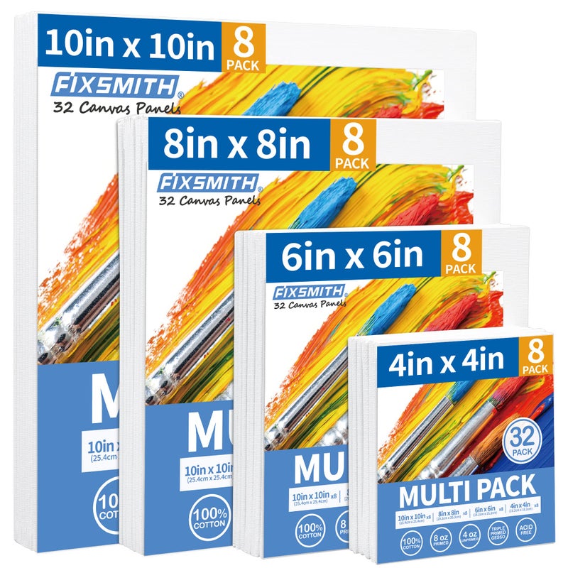 FIXSMITH Canvas Boards for Painting Multi Pack 4x46x68x810x10 8 of Each32 Pack100 Cotton Primed Canvas Panels for Acrylic Oil Art Supplies for Kids Adults Beginners
