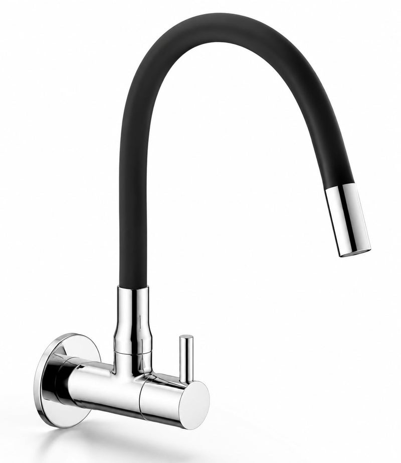 SEARENE BATHWARE SEARENE Brass Wall Mounted Kitchen Faucet with Flexible Silicone Spout, 360° Swivel Sink Cock Tap for Modular Kitchen, Chrome & Black Finish, Splash-Free Water Flow, G1/2 Fit - Image 1
