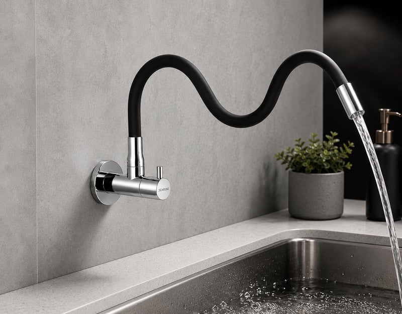 SEARENE BATHWARE SEARENE Brass Wall Mounted Kitchen Faucet with Flexible Silicone Spout, 360° Swivel Sink Cock Tap for Modular Kitchen, Chrome & Black Finish, Splash-Free Water Flow, G1/2 Fit - Image 3