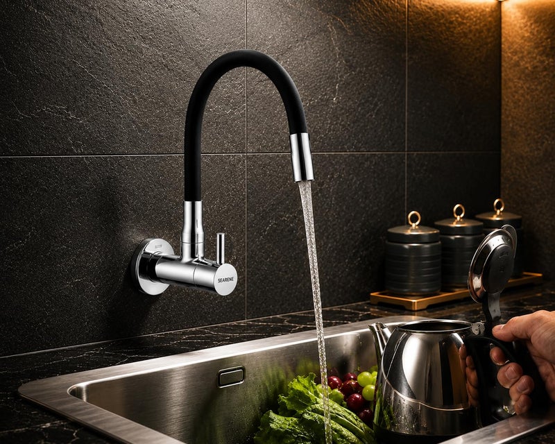 SEARENE BATHWARE SEARENE Brass Wall Mounted Kitchen Faucet with Flexible Silicone Spout, 360° Swivel Sink Cock Tap for Modular Kitchen, Chrome & Black Finish, Splash-Free Water Flow, G1/2 Fit - Image 2