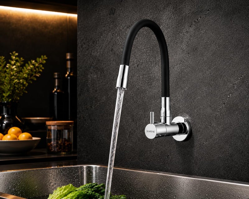 SEARENE BATHWARE SEARENE Brass Wall Mounted Kitchen Faucet with Flexible Silicone Spout, 360° Swivel Sink Cock Tap for Modular Kitchen, Chrome & Black Finish, Splash-Free Water Flow, G1/2 Fit - Image 4