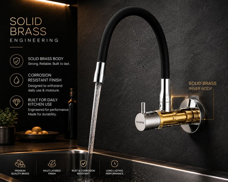 SEARENE BATHWARE SEARENE Brass Wall Mounted Kitchen Faucet with Flexible Silicone Spout, 360° Swivel Sink Cock Tap for Modular Kitchen, Chrome & Black Finish, Splash-Free Water Flow, G1/2 Fit - Image 5