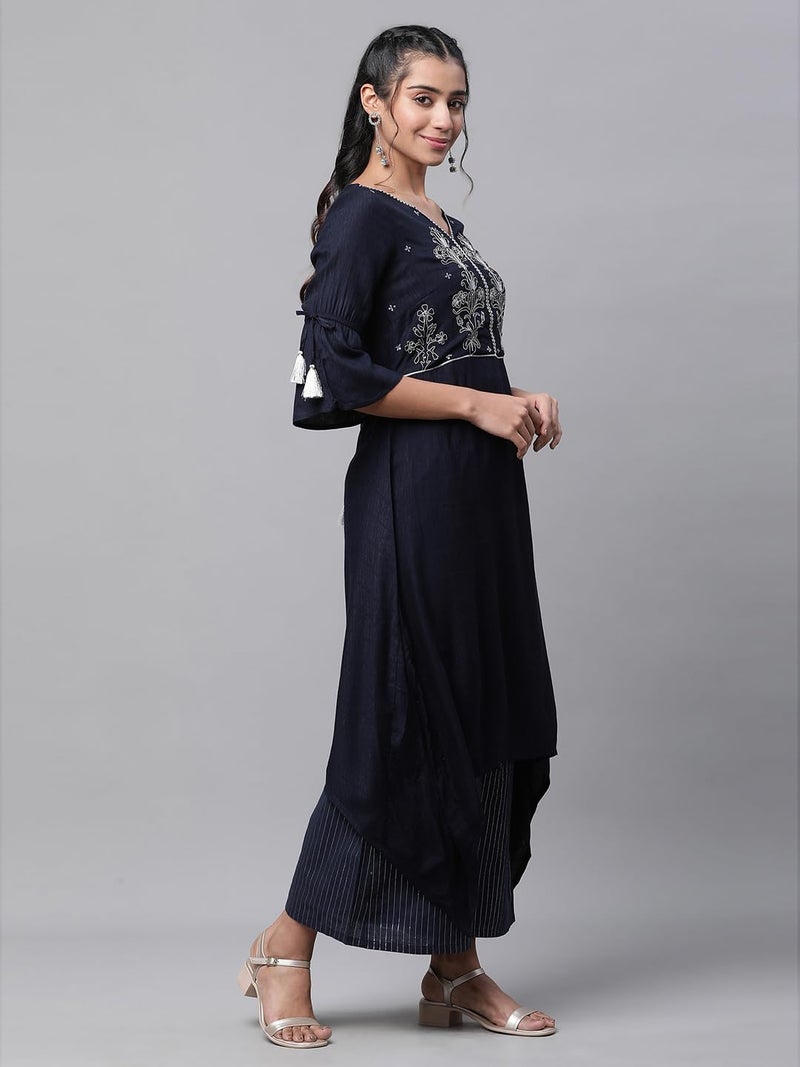 Aurelia Women's Dark Blue Viscose Asymmetrical Kurta, Palazzos Suit Set_23AUAS14189-605975_XXL - Image 5