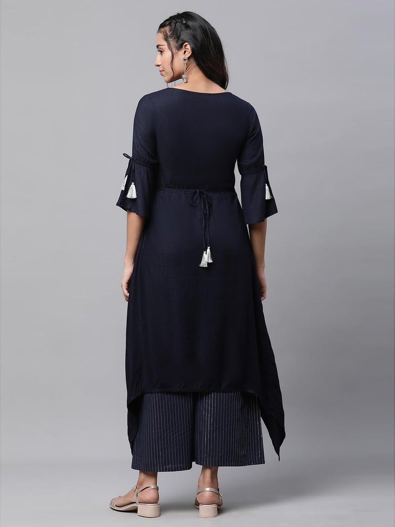 Aurelia Women's Dark Blue Viscose Asymmetrical Kurta, Palazzos Suit Set_23AUAS14189-605975_XXL - Image 4