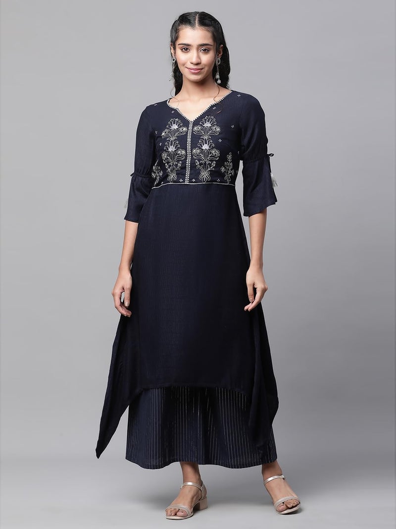 Aurelia Women's Dark Blue Viscose Asymmetrical Kurta, Palazzos Suit Set_23AUAS14189-605975_XXL - Image 2
