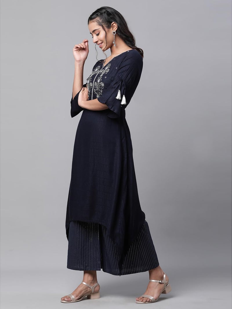 Aurelia Women's Dark Blue Viscose Asymmetrical Kurta, Palazzos Suit Set_23AUAS14189-605975_XXL - Image 3