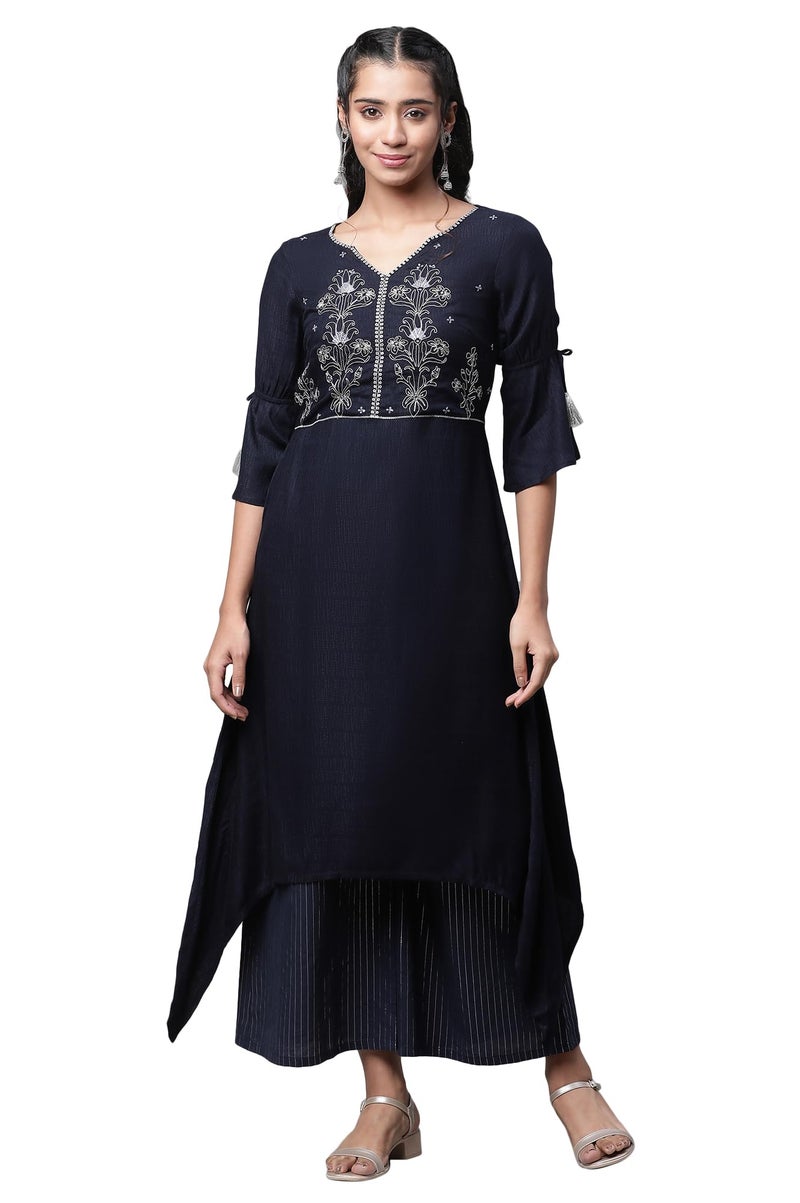 Aurelia Women's Dark Blue Viscose Asymmetrical Kurta, Palazzos Suit Set_23AUAS14189-605975_XXL - Image 1