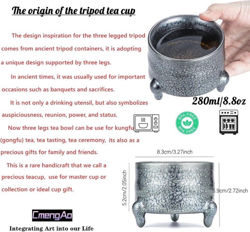 CmengAo Jianzhan Ceramic Tea Cup Tenmokus Tea Bowl 88 oz Unique Three Legged Tripod Shaped Retro Chinese Style Teacup for Tea Coffee Latte Matcha with Gift Box - Image 2