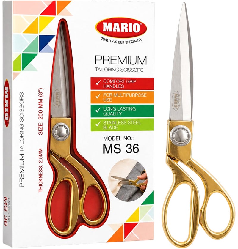 Mario Scissors for Sewing-Tailoring 8 inches - Gold Sharp Cloth Cutting Scissors, Comfortable Grip, Easy to Handel - Stainless Steel Blade Scissors - MS 36 - Image 1