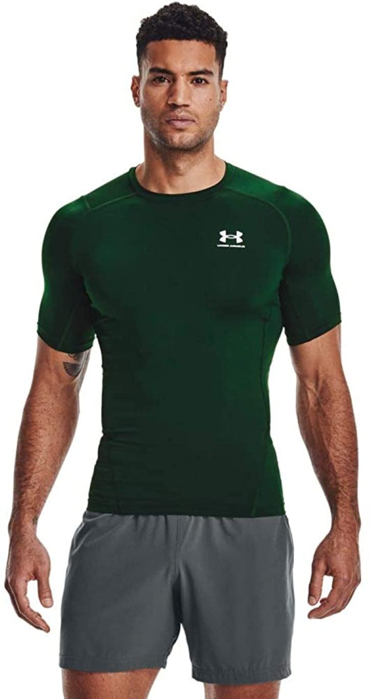 UNDER ARMOUR تي شيرت قصير الأكمام مضغوط من أندر أرمور للرجال بتقنية هيت جير، أخضر غابة (301)/أبيض، متوسط - Image 1