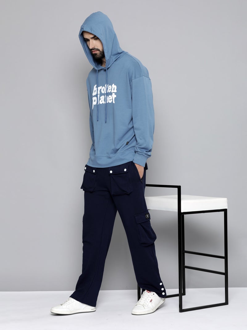 Maniac Mens Hooded Fullsleeve Printed Denim Blue Cotton Fleece Sweatshirt - Image 5
