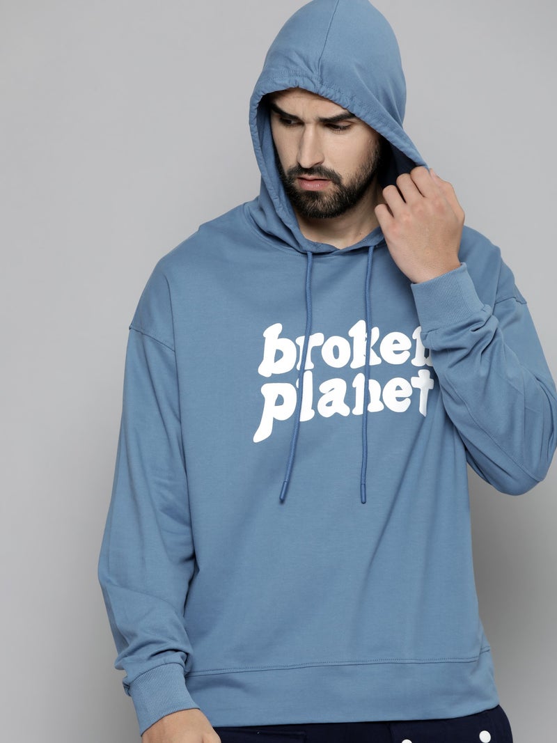 Maniac Mens Hooded Fullsleeve Printed Denim Blue Cotton Fleece Sweatshirt - Image 2