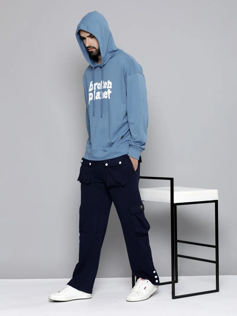 Maniac  Maniac Mens Hooded Fullsleeve Printed Denim Blue Cotton Fleece Sweatshirt for Men | Best Price UAE