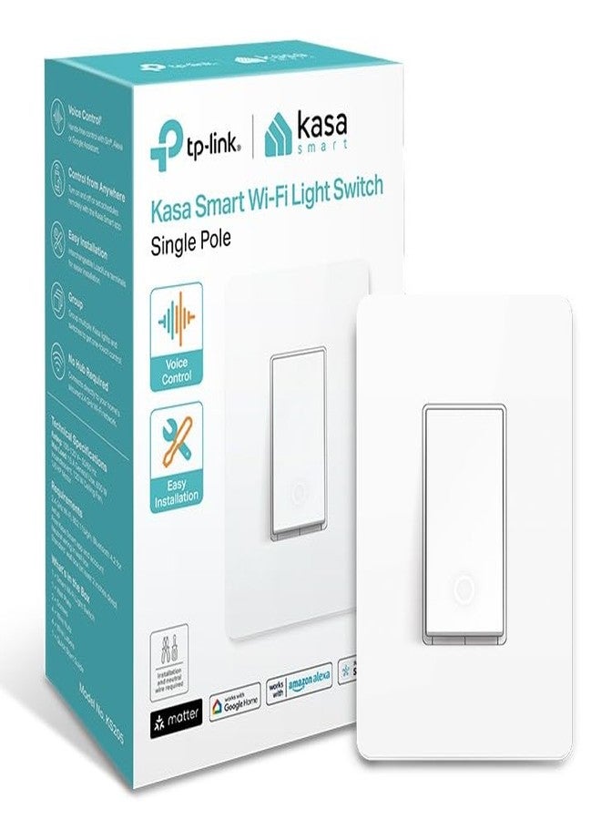 Kasa Smart Kasa Matter Smart Light Switch: Voice Control w/Siri, Alexa & Google Assistant | UL Certified | Timer & Schedule | Easy Guided Install | Neutral Wire Required | Single Pole | 2.4GHz Wi-Fi | KS205 - Image 1