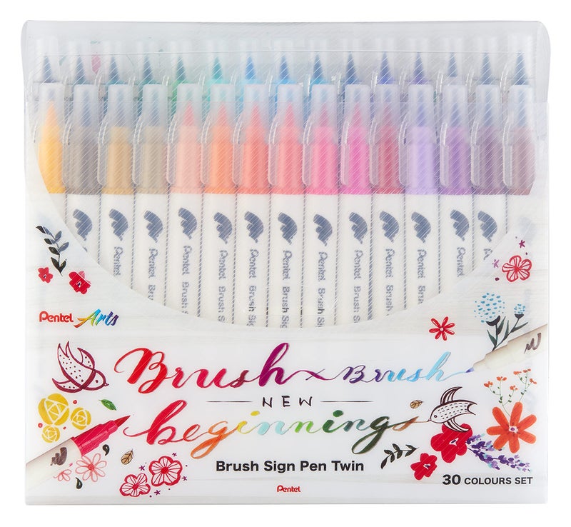 Pentel Sesw30C-30 Brush Sign Pen Twin  30 Colour Set  Fibre Tip Pens With Two Flexible Tips  Water-Based Ink  Assorted  Pack Of 30 - Image 1