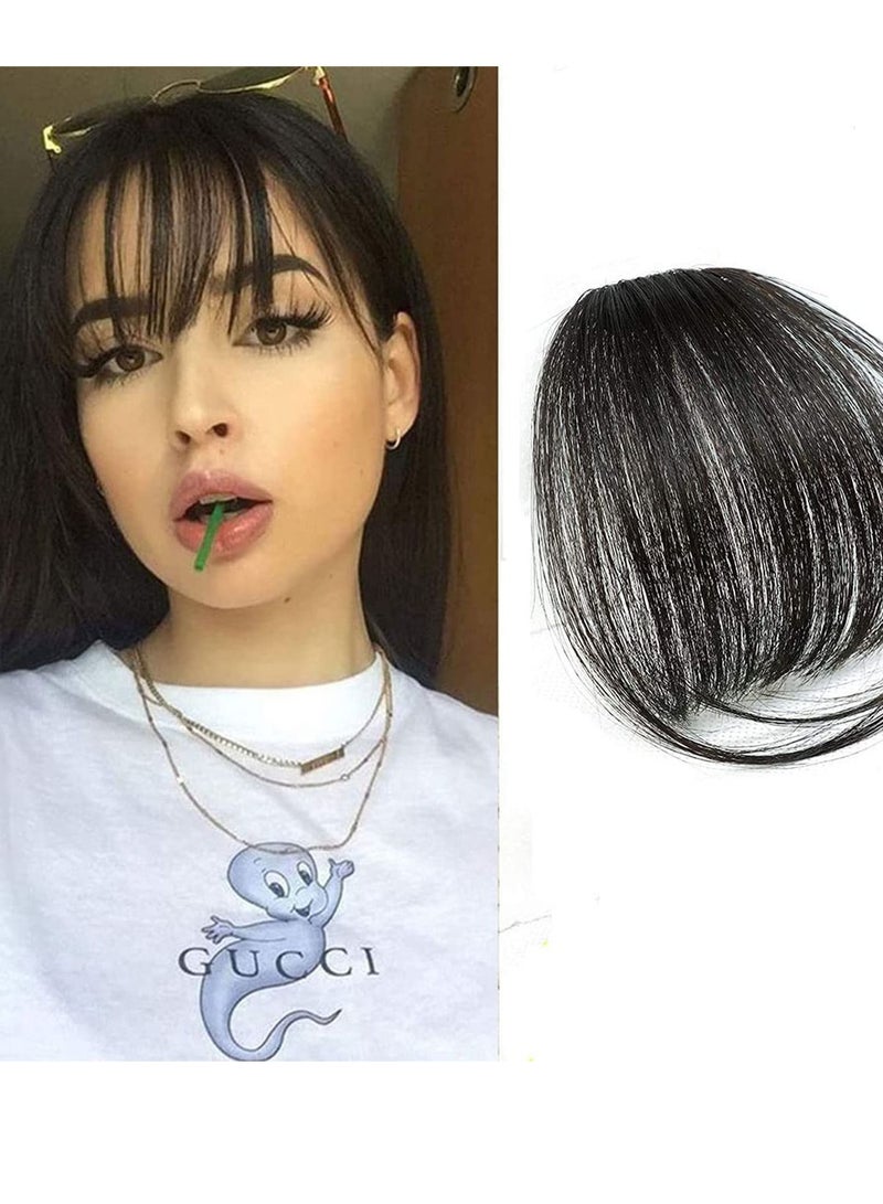 SYOSI Clip in Air Bangs Remy Human Hair Extensions One Piece Front Neat Air Fringe Hand Tied Straight Flat Bangs Clip on Hairpiece for Women - Image 1