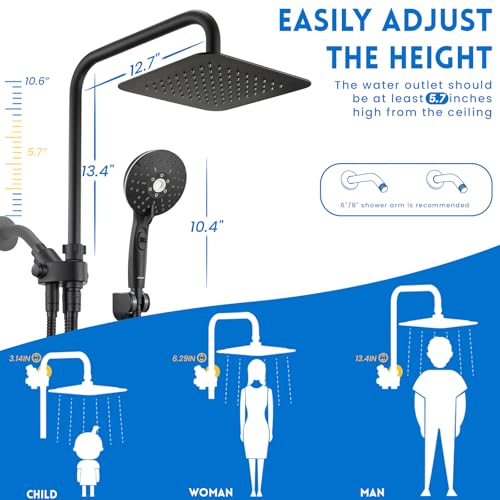 Ryamen Dual Shower Head Combo, 8'' High Pressure Rain Shower Head with Handheld Spray, 6 Settings Handheld Showerhead, 15" Height Adjustable Slide Bar, Angle Adjustable, Matte Black - Image 2