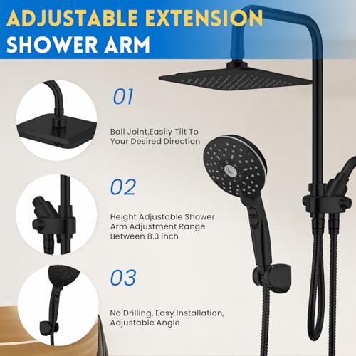 Ryamen Dual Shower Head Combo, 8'' High Pressure Rain Shower Head with Handheld Spray, 6 Settings Handheld Showerhead, 15" Height Adjustable Slide Bar, Angle Adjustable, Matte Black - Image 5
