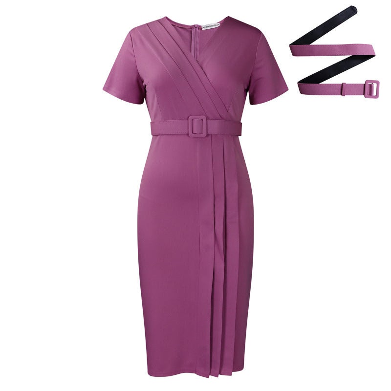 Cross-border Womens 2024 Summer New Short-sleeved V-neck Tight Waist Solid Color OL Tongle Pencil Skirt African dress Lotus root pink + belt