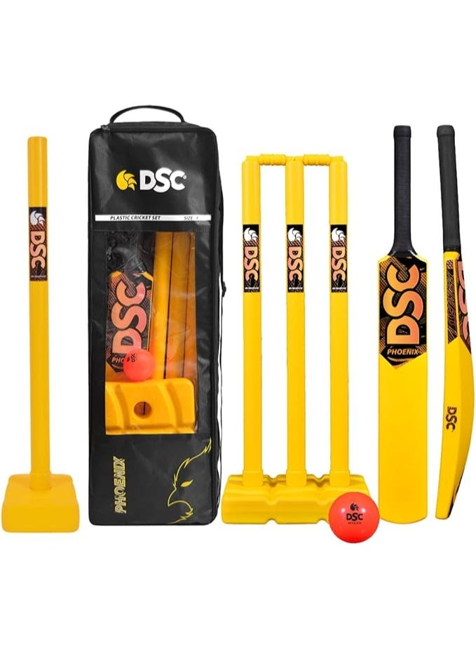 DSC Phoenix Plastic Cricket Set - Ideal for Tennis and Gully/Turf Cricket Size-4 (6-8 Yrs) (1 Plastic Bat + 4 Plastic Stumps + 2 Base + 2 Bails + 1 PVC Ball) - Image 1