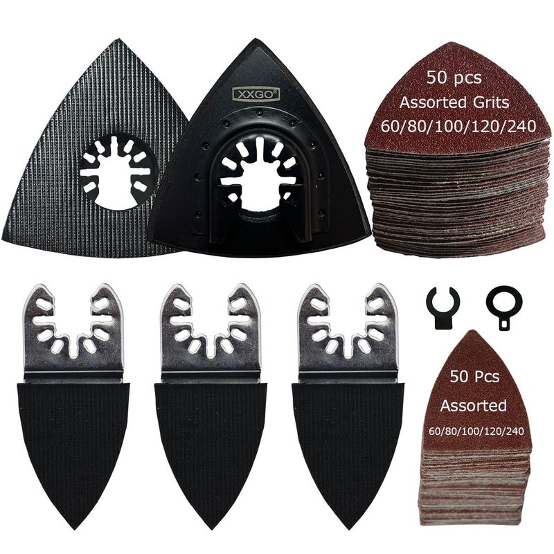 XXGO Oscillating Multi Tool Sanding Kit - 105 Pcs Including Triangle & Finger Sanding Pads, 100 Pcs Multi Tool Sandpaper for Wood - Image 1