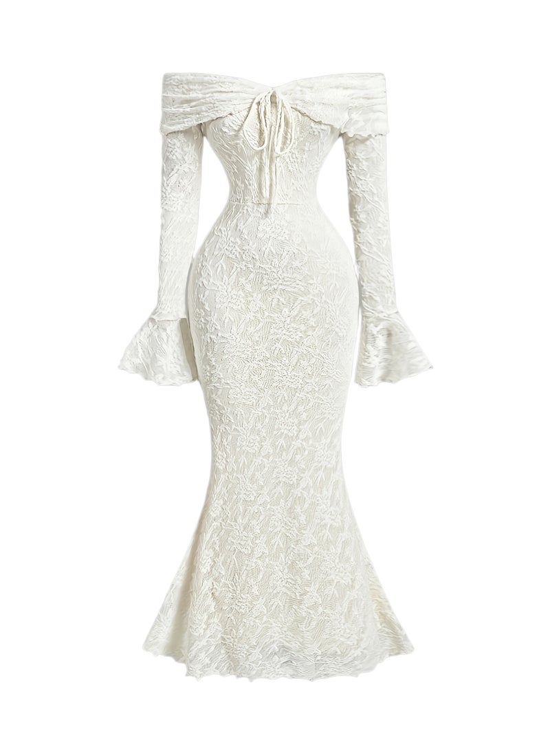 Women's Spring\u002FAutumn Solid Color Off-the-Shoulder Tie-Up High-End Jacquard Fabric Waist-Cinching Temperament Banquet Party High-End Flared Sleeve Long Hip-Hugging Mermaid Dress - Image 1