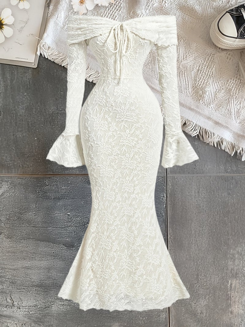 Women's Spring\u002FAutumn Solid Color Off-the-Shoulder Tie-Up High-End Jacquard Fabric Waist-Cinching Temperament Banquet Party High-End Flared Sleeve Long Hip-Hugging Mermaid Dress - Image 2