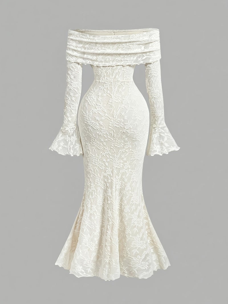 Women's Spring\u002FAutumn Solid Color Off-the-Shoulder Tie-Up High-End Jacquard Fabric Waist-Cinching Temperament Banquet Party High-End Flared Sleeve Long Hip-Hugging Mermaid Dress - Image 3