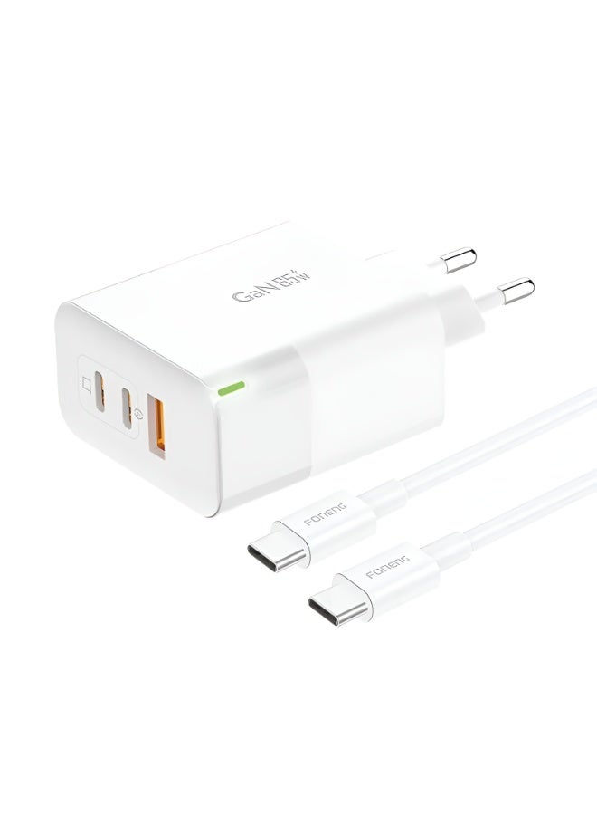 فونينج شاحن FONENG GaN35 شحن سريع 35W‏ - مع كابل type-c – شاحن GaN بمنفذين Type-C – يدعم شحن اللابتوب والهواتف مع حماية ذكية - ابيض - Image 1