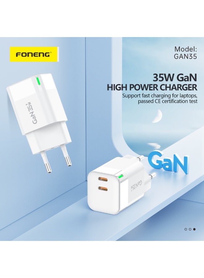 فونينج شاحن FONENG GaN35 شحن سريع 35W‏ - مع كابل type-c – شاحن GaN بمنفذين Type-C – يدعم شحن اللابتوب والهواتف مع حماية ذكية - ابيض - Image 2