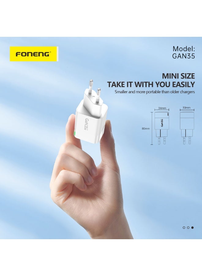 فونينج شاحن FONENG GaN35 شحن سريع 35W‏ - مع كابل type-c – شاحن GaN بمنفذين Type-C – يدعم شحن اللابتوب والهواتف مع حماية ذكية - ابيض - Image 5