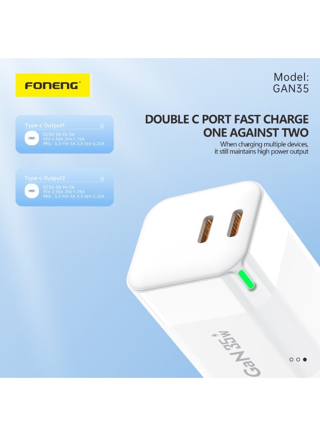 فونينج شاحن FONENG GaN35 شحن سريع 35W‏ - مع كابل type-c – شاحن GaN بمنفذين Type-C – يدعم شحن اللابتوب والهواتف مع حماية ذكية - ابيض - Image 3