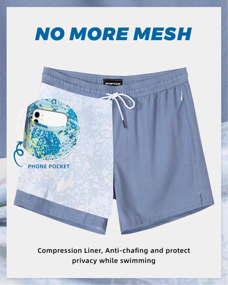 SURF CUZ Mens Swim Trunks with Compression Liner Mens Swimming Trunks 5 Inch Bathing Suit with Zipper Pockets Quick Dry Swim Shorts 01 A Pure Haze Blue Medium - Image 4