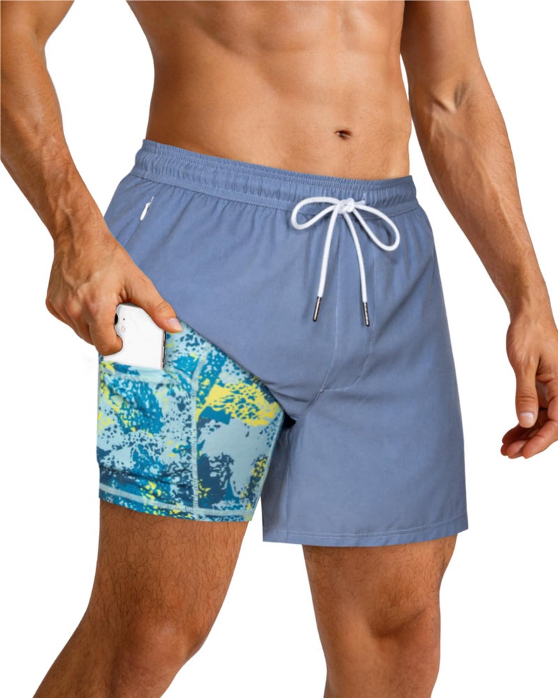 SURF CUZ Mens Swim Trunks with Compression Liner Mens Swimming Trunks 5 Inch Bathing Suit with Zipper Pockets Quick Dry Swim Shorts 01 A Pure Haze Blue Medium - Image 2