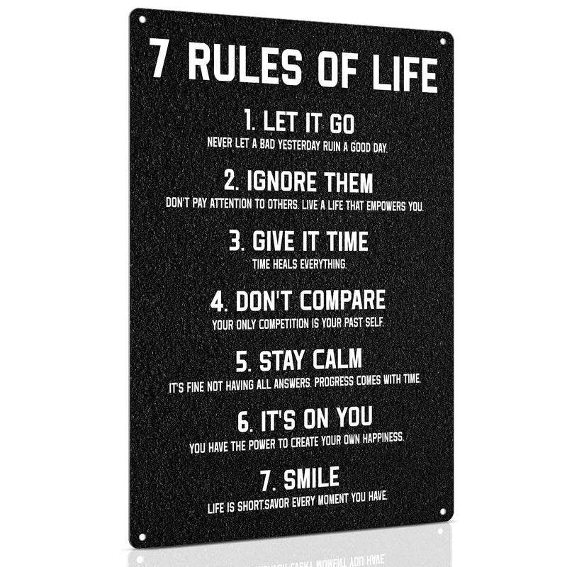 ALKB Inspirational Metal Sign for Office, Motivational Bedroom Wall Decor 8"x12" - 7 Rules of Life - Black Wall art for Girls, boys, Teenager, Positive Affirmations Quotes Prints - Image 1