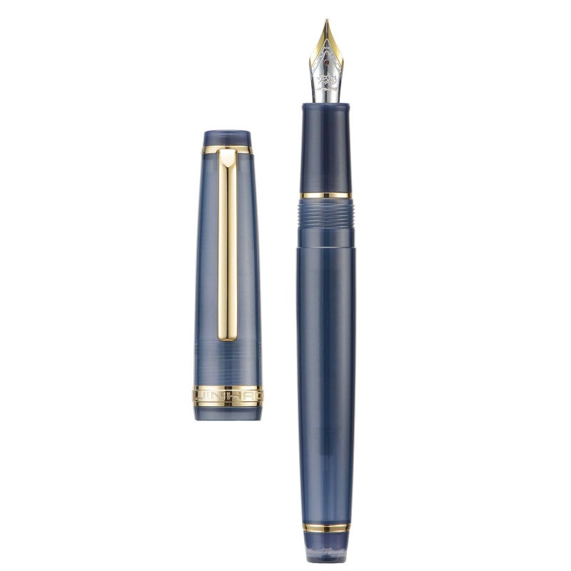 Wikult Jinhao 82 Acrylic Fountain Pen, Iridium Medium Nib with Ink Converter, Transparent Dark Blue Classic Design Smooth Writing Pen (Gold Trim) - Image 1