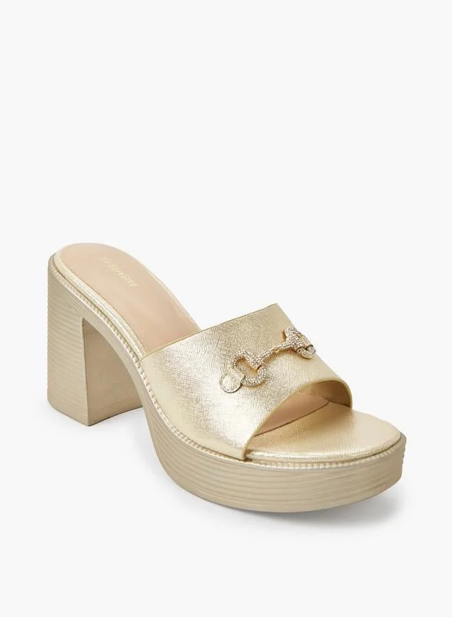 شور ستيب Women Lightweight Metallic Block Heel Sandals With Embellished Buckle