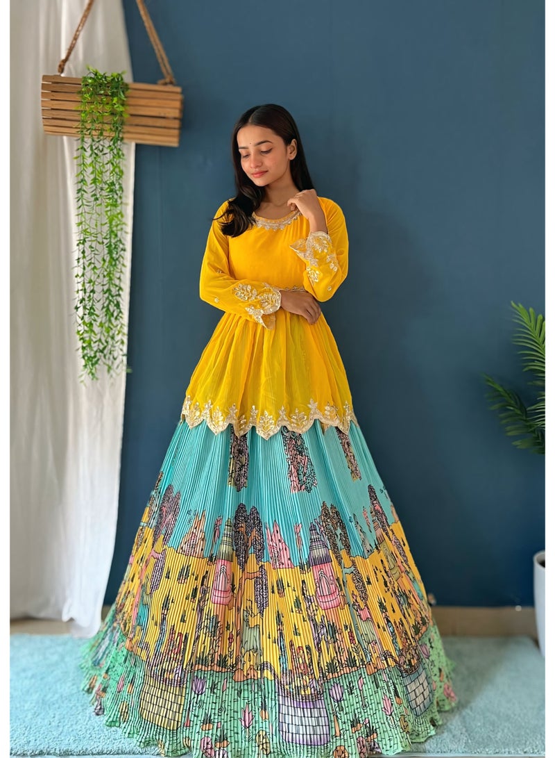 Super Asian Designer Chinnon Silk Lehenga with Embroidered Kurti | Digital Print | Grand 6.5m Flair | Fully Stitched  - Image 1