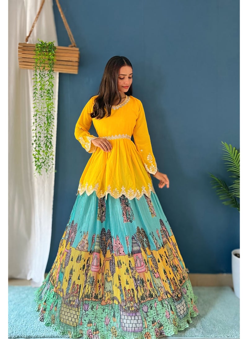 Super Asian Designer Chinnon Silk Lehenga with Embroidered Kurti | Digital Print | Grand 6.5m Flair | Fully Stitched  - Image 4