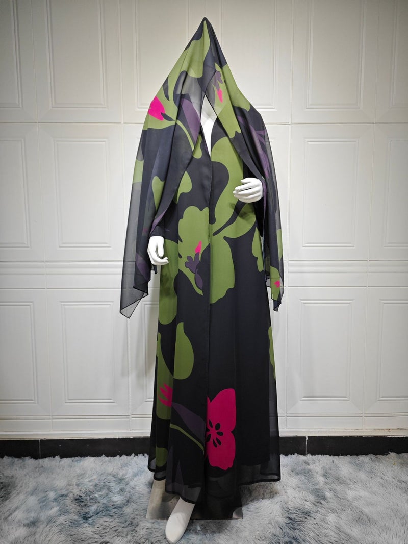 Modest Flowy Chiffon Printed Maxi Dress with Headscarf - Image 1