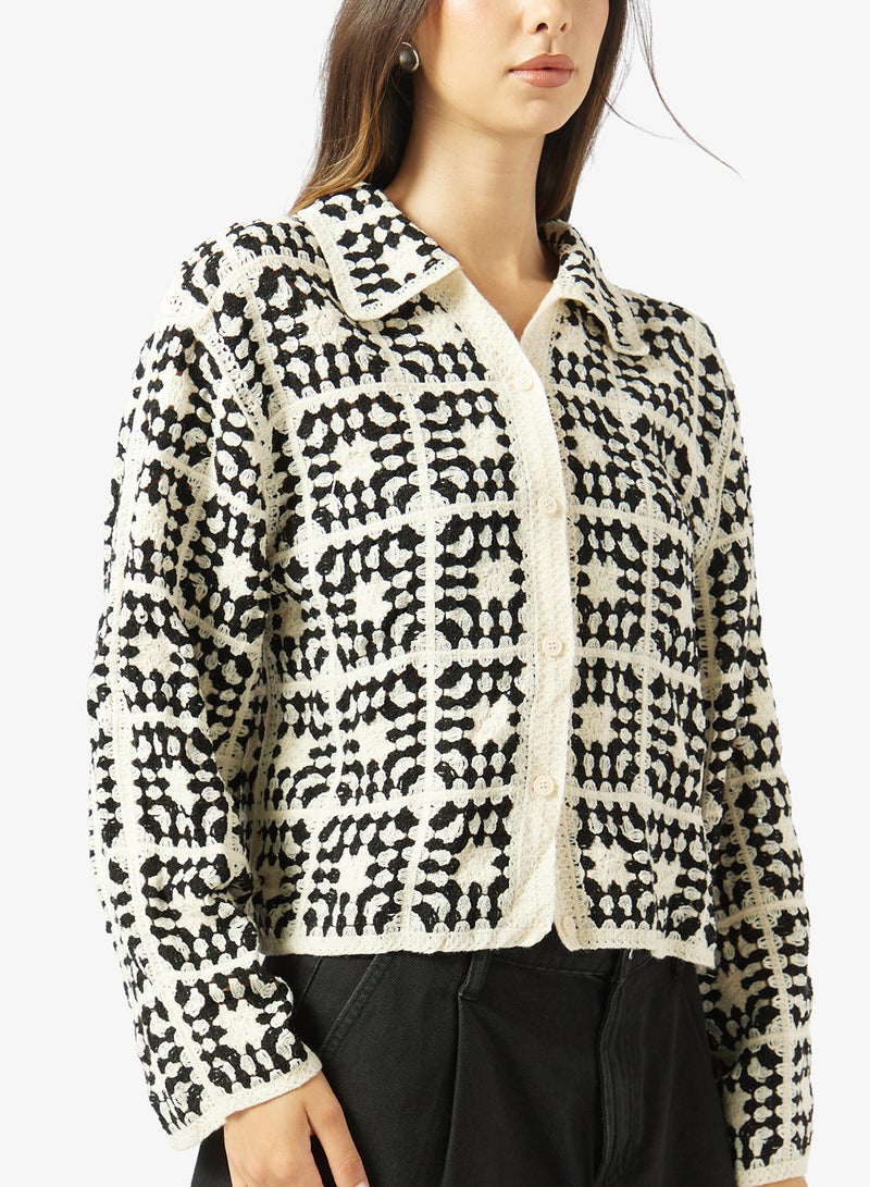 Ginger Monochrome Crochet Button Up Top - Image 3