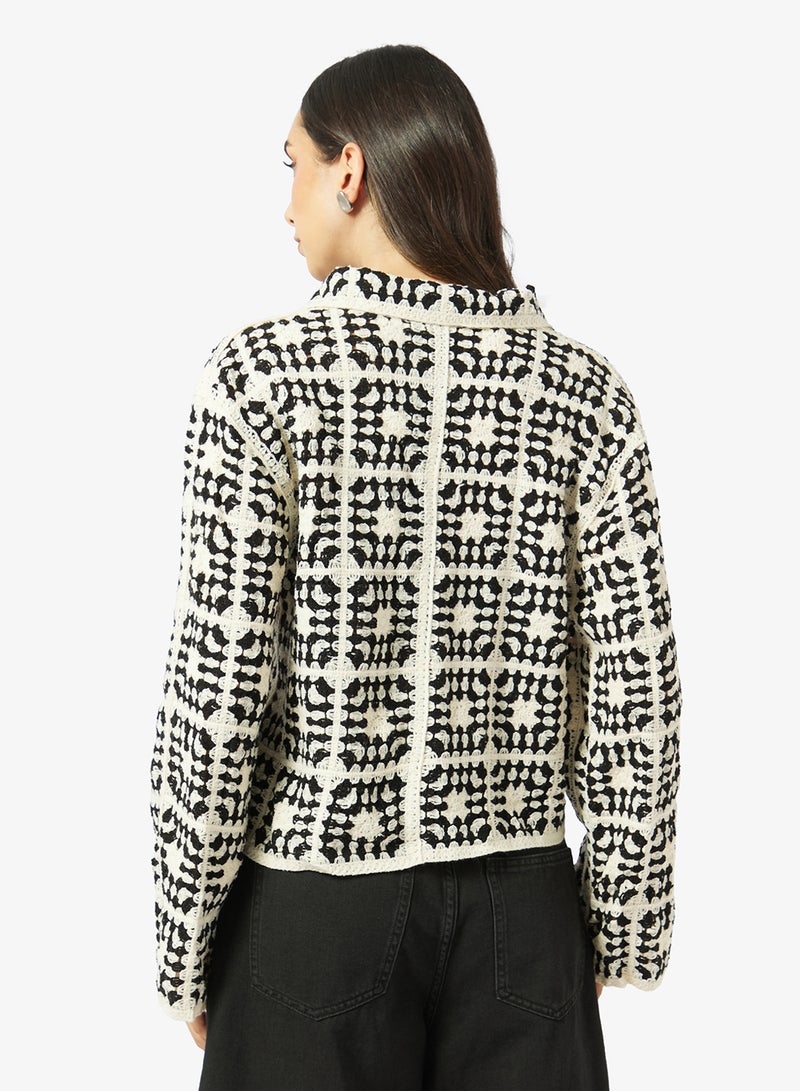 Ginger Monochrome Crochet Button Up Top - Image 2
