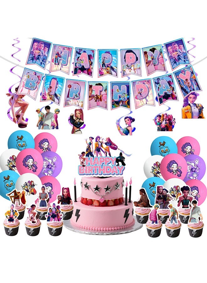 Realfrog Kpop Demon Hunter Birthday Decorations Huntrix Rumi Mira Zoey Jinu Saja Boys 24pcs Cake Topper Cupcake Toppers Banner Balloons Party Decorations Supplies for Kids Fans - Image 2