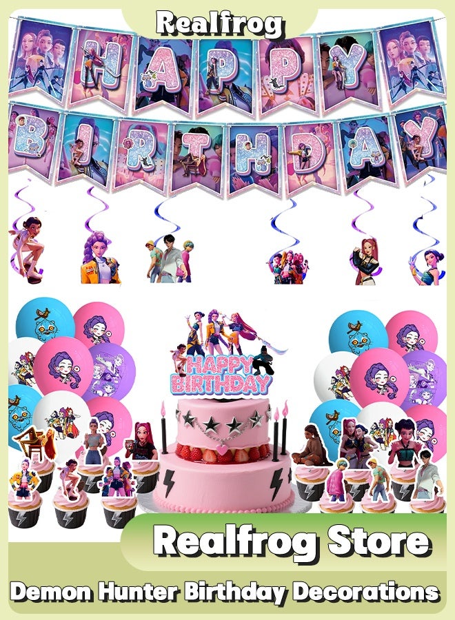 Realfrog Kpop Demon Hunter Birthday Decorations Huntrix Rumi Mira Zoey Jinu Saja Boys 24pcs Cake Topper Cupcake Toppers Banner Balloons Party Decorations Supplies for Kids Fans - Image 1