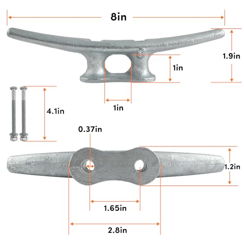 ORLANG 8 Inch Dock Cleat, Hot Dipped Galvanized Cast Iron Boat Cleats with Hardware, Rope Cleat Boat Dock Cleat for Boat Docks, Decks or Nautical Decor (2 Pack) - Image 2